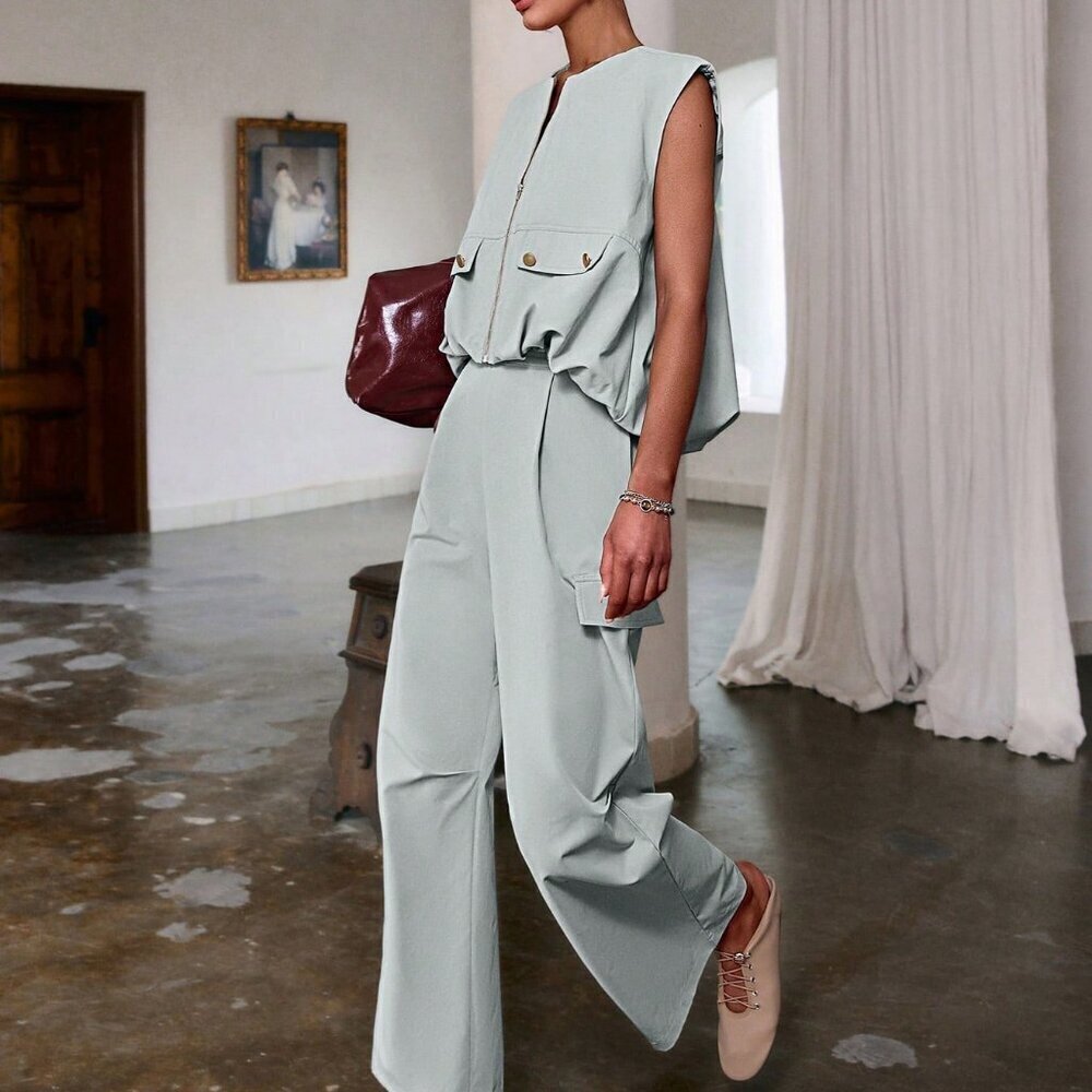 Light Blue Casual Women's Zipper Sleeveless Top And Long Pants Coord Set